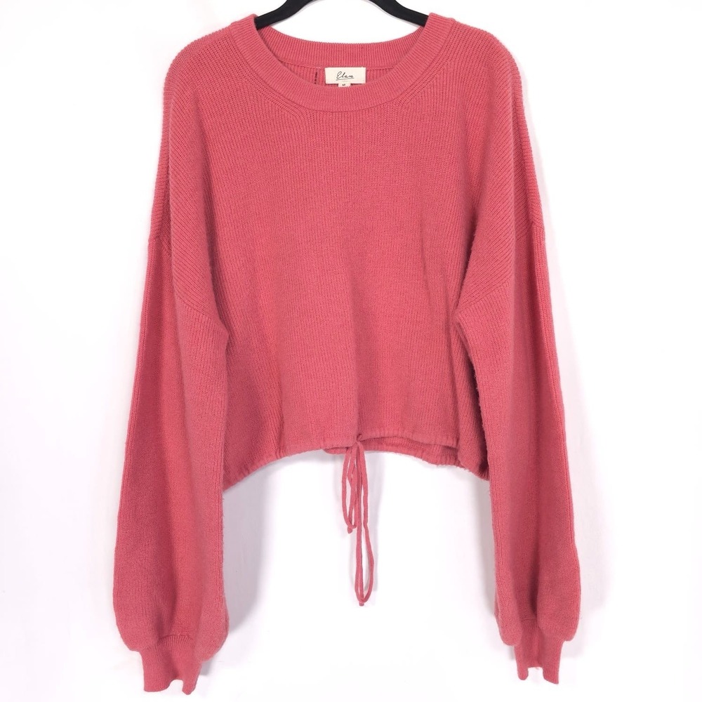 Elan Women's Top MEDIUM Drawstring Crop Knit Sweater Ruby Ballon Sleeve SW10899